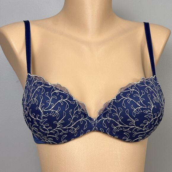 Vintage Lily of France 2111721 Embroidered Push Up Underwire Bra Womens 34B Blue - Picture 1 of 8